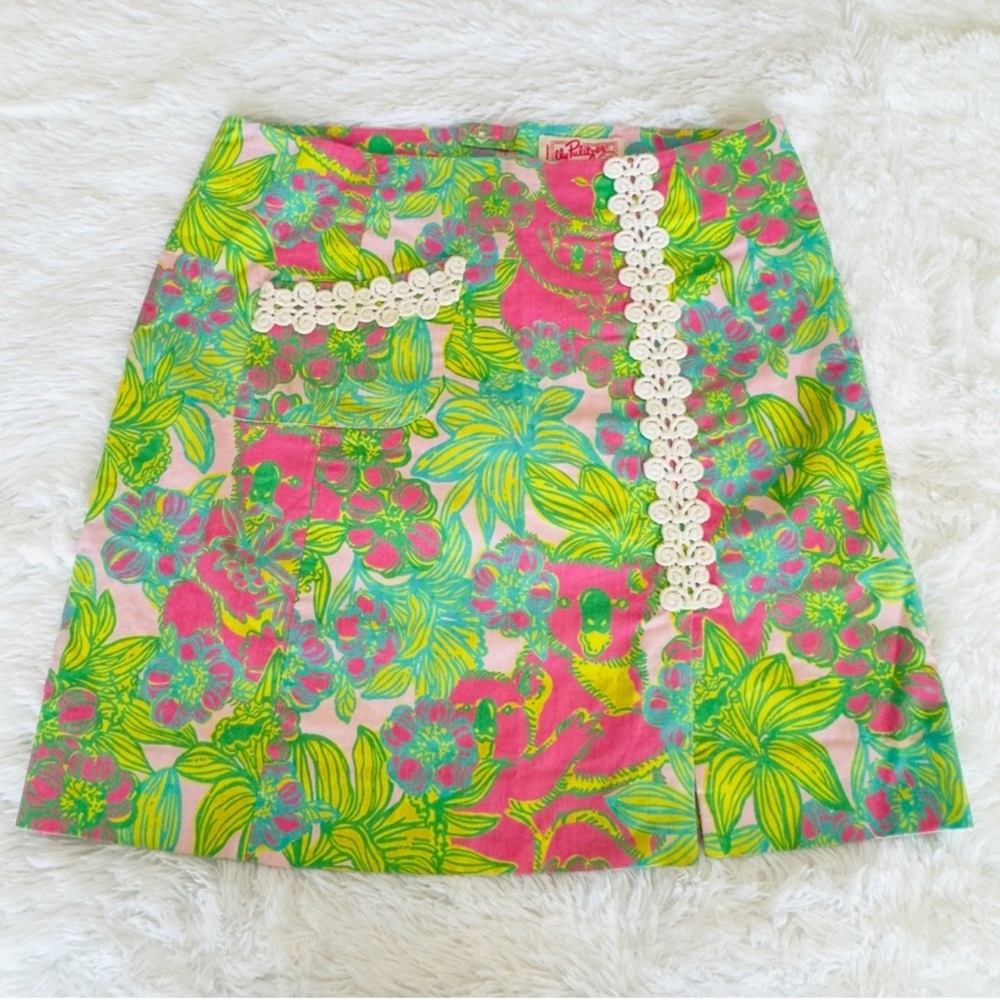 Lilly Pulitzer Green and Pink Mini A-Line Skirt Size 4